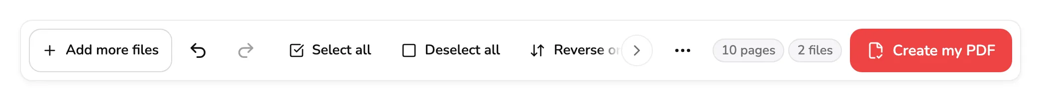 The command bar above the grid, with marker 1 on adding files and undo/redo, marker 2 on the whole-grid tools, marker 3 on the page and file counts, and marker 4 on Create my PDF.