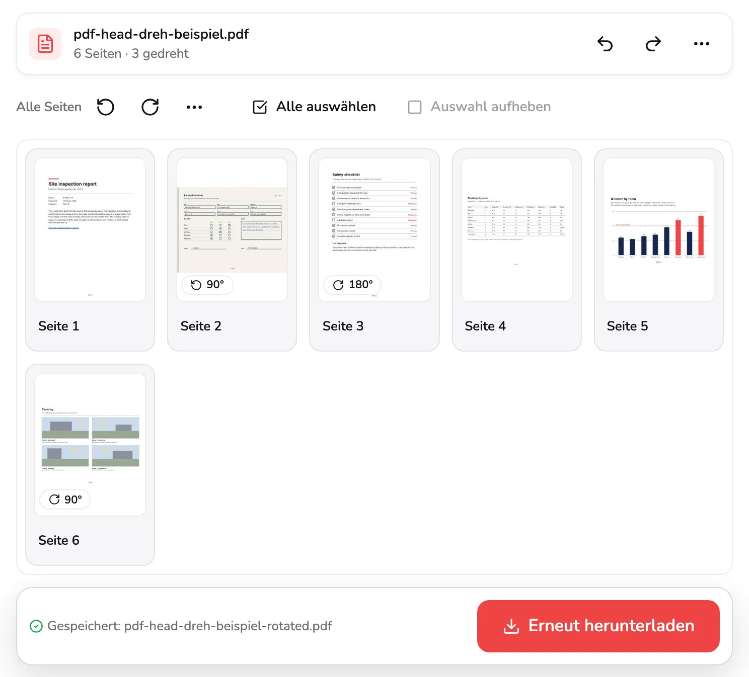 Der Arbeitsbereich nach dem Download: alle sechs Seiten richtig herum, Seite 2, 3 und 6 mit ihren Dreh-Badges, die Zeile Gespeichert: pdf-head-dreh-beispiel-rotated.pdf bei Markierung 1 und die Schaltfläche Erneut herunterladen bei Markierung 2.