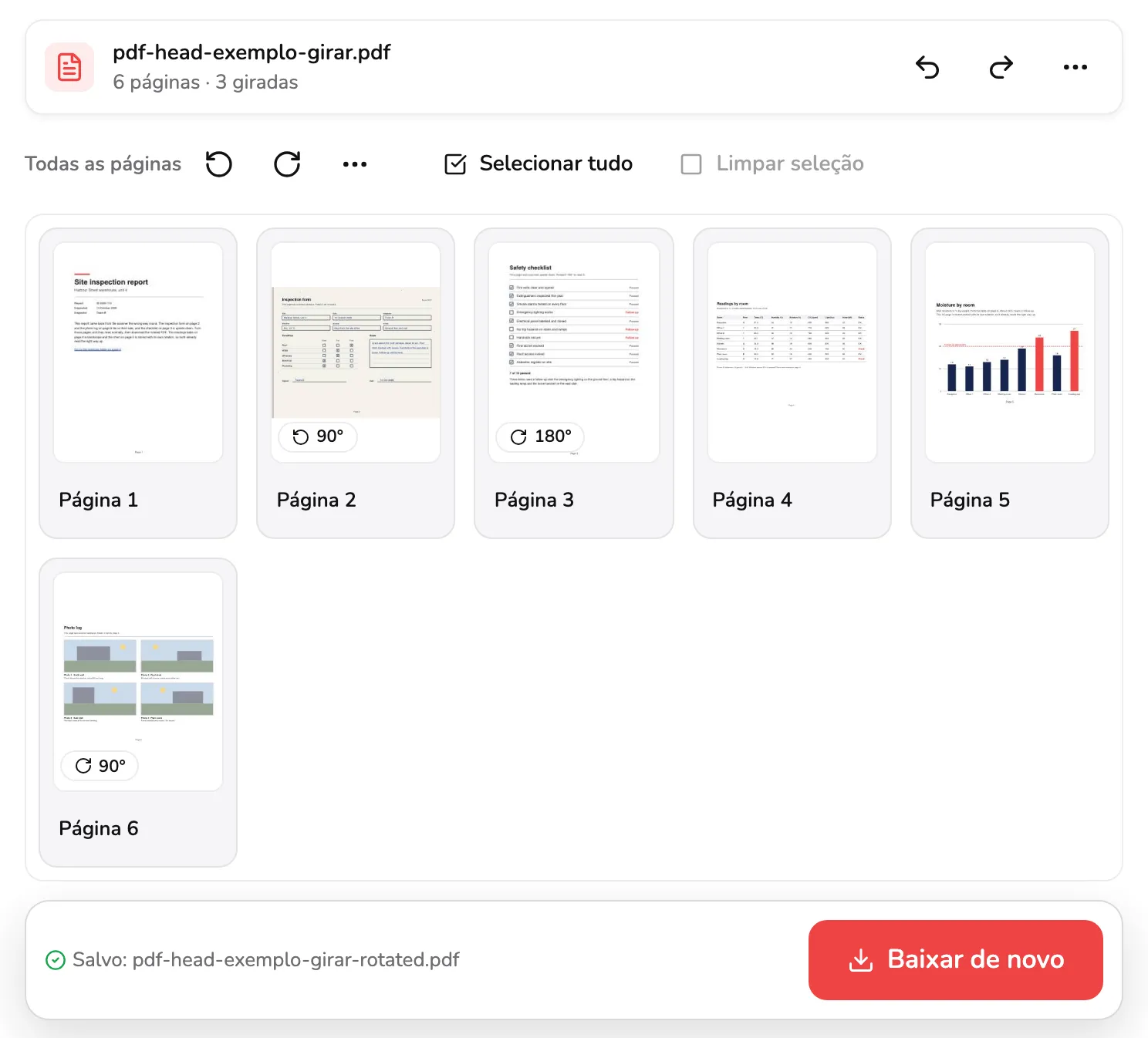 A área de trabalho depois do download: as seis páginas na posição certa, as páginas 2, 3 e 6 com seus selos de giro, a linha Salvo: pdf-head-exemplo-girar-rotated.pdf no marcador 1 e o botão Baixar de novo no marcador 2.