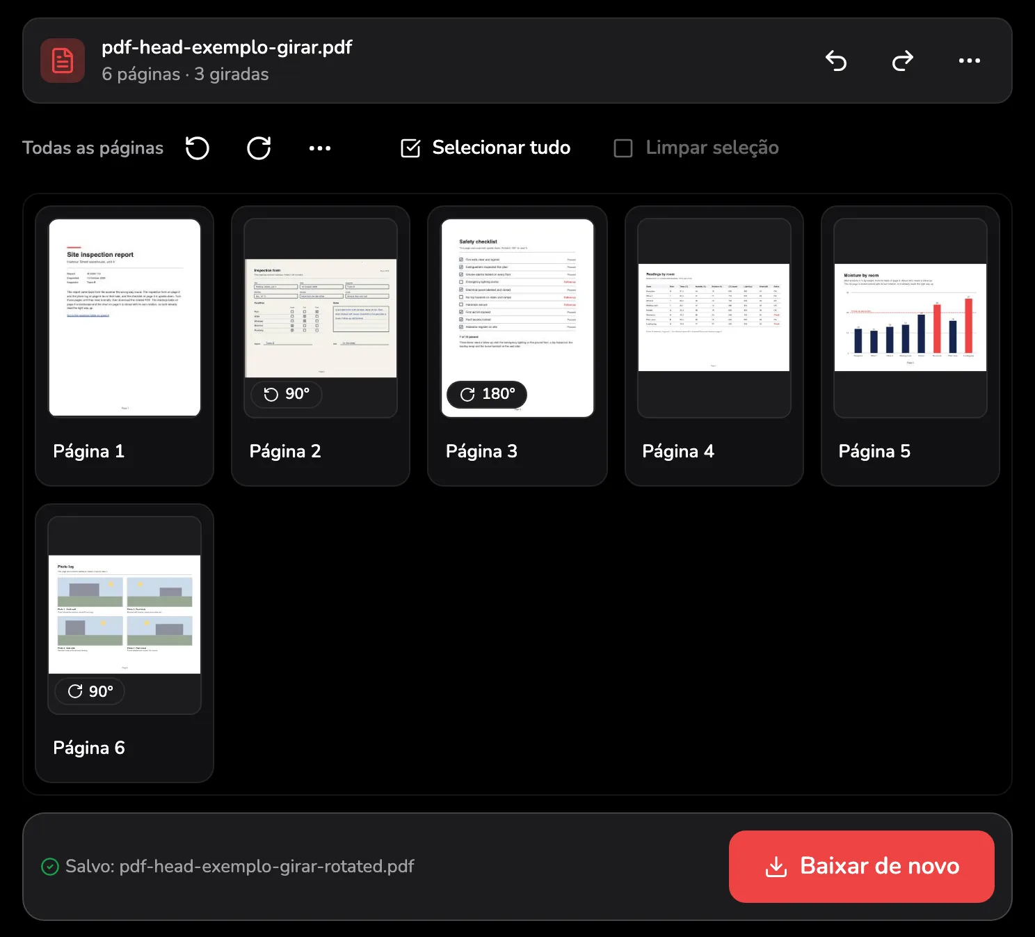 A área de trabalho depois do download: as seis páginas na posição certa, as páginas 2, 3 e 6 com seus selos de giro, a linha Salvo: pdf-head-exemplo-girar-rotated.pdf no marcador 1 e o botão Baixar de novo no marcador 2.