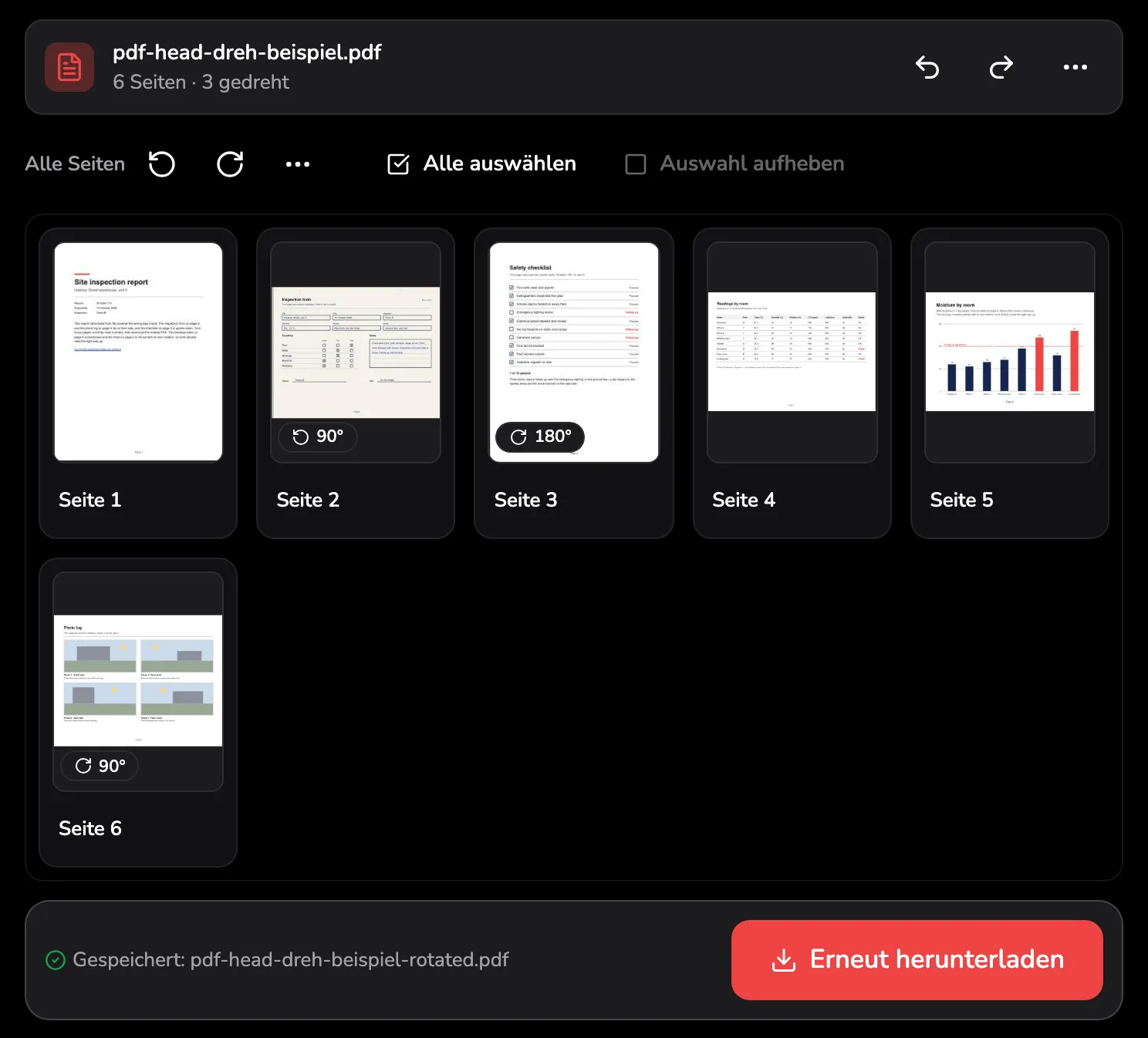 Der Arbeitsbereich nach dem Download: alle sechs Seiten richtig herum, Seite 2, 3 und 6 mit ihren Dreh-Badges, die Zeile Gespeichert: pdf-head-dreh-beispiel-rotated.pdf bei Markierung 1 und die Schaltfläche Erneut herunterladen bei Markierung 2.