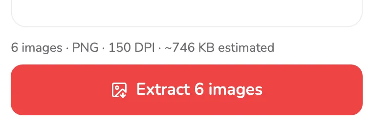 The red Extract 6 images button marked 1, with the line above it, marked 2, reading 6 images · PNG · 150 DPI · ~746 KB estimated.