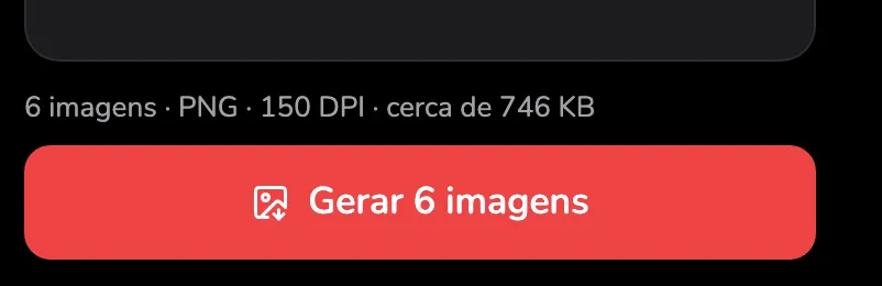 O botão vermelho Gerar 6 imagens com o marcador 1 e a linha acima dele, marcador 2, dizendo 6 imagens · PNG · 150 DPI · cerca de 746 KB.