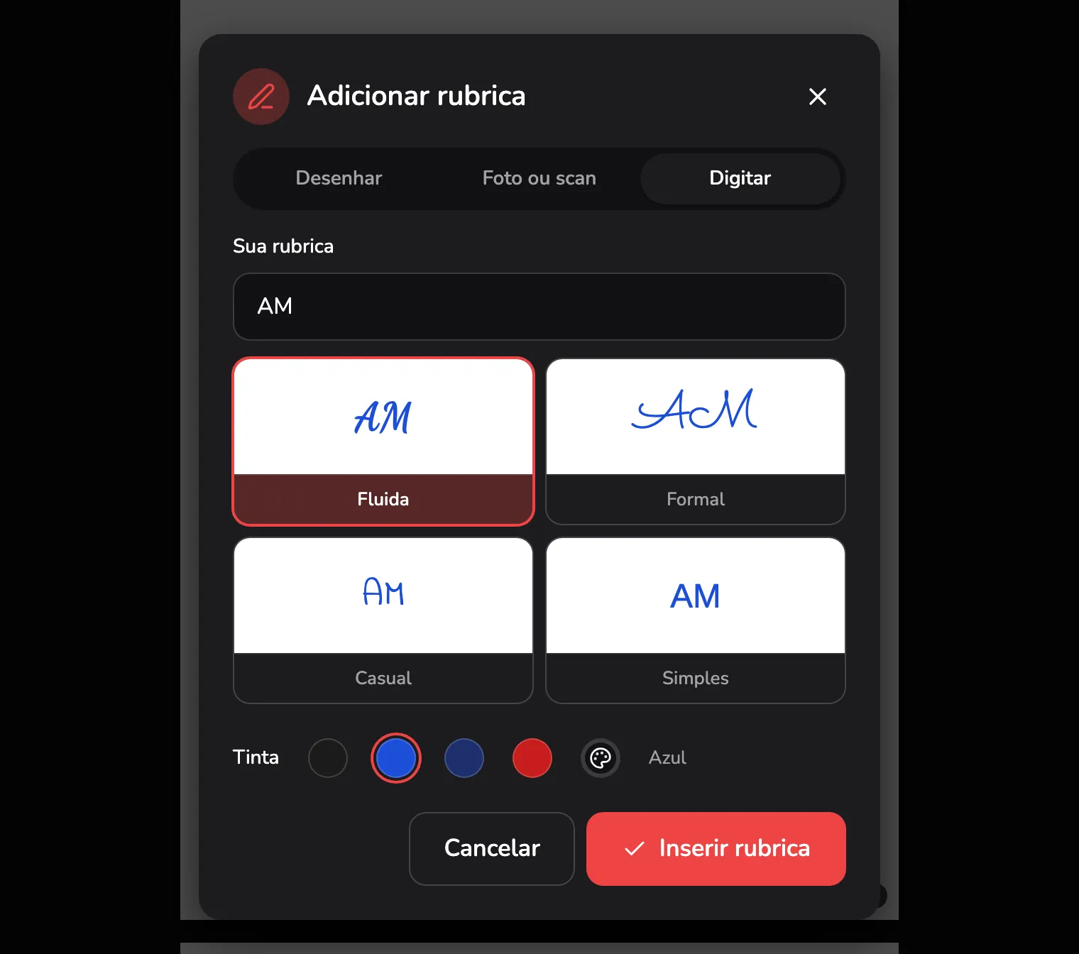 O diálogo Adicionar rubrica na aba Digitar: a aba Digitar no marcador 1, as letras AM no campo Sua rubrica no marcador 2, os quatro estilos no marcador 3 e o botão Inserir rubrica no marcador 4.