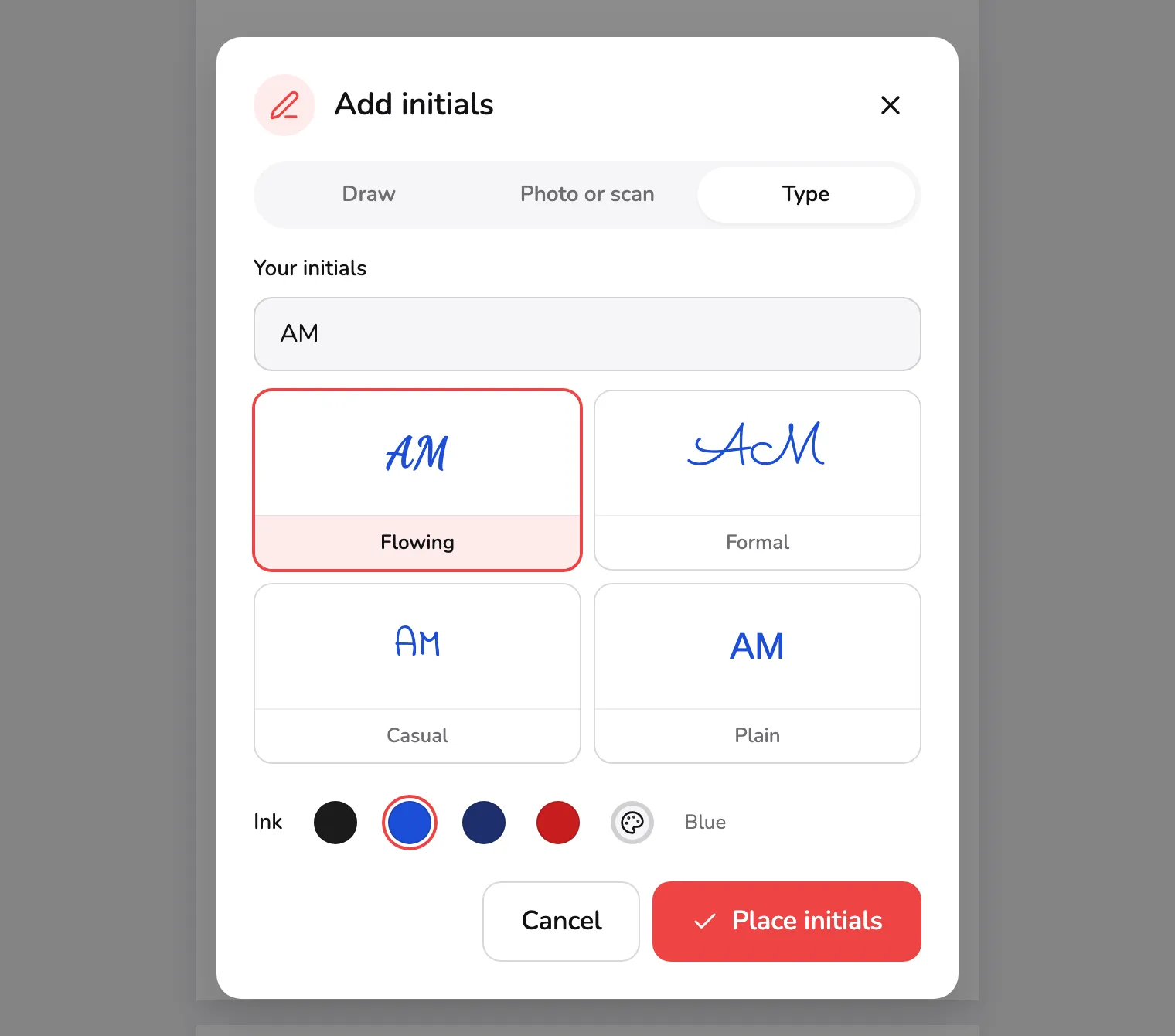 The Add initials dialog on its Type tab: the Type tab marked 1, the letters AM in the Your initials field marked 2, the four styles marked 3 and the Place initials button marked 4.