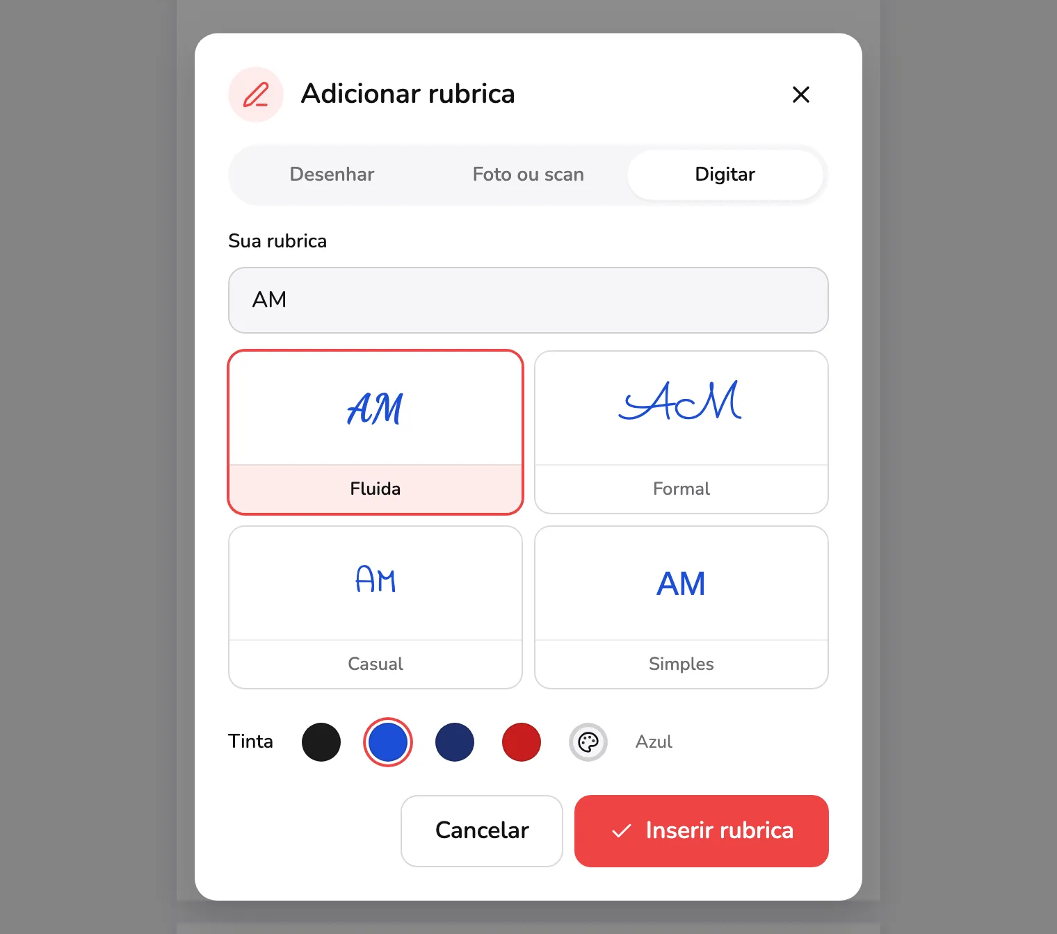 O diálogo Adicionar rubrica na aba Digitar: a aba Digitar no marcador 1, as letras AM no campo Sua rubrica no marcador 2, os quatro estilos no marcador 3 e o botão Inserir rubrica no marcador 4.