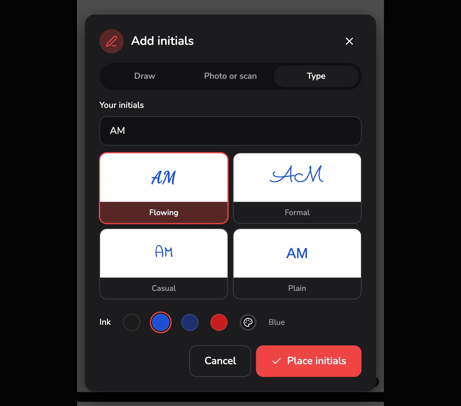 The Add initials dialog on its Type tab: the Type tab marked 1, the letters AM in the Your initials field marked 2, the four styles marked 3 and the Place initials button marked 4.