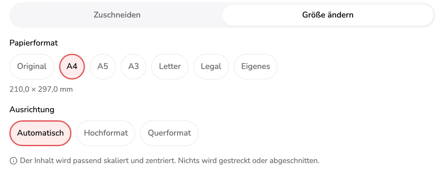 Der Tab Größe ändern mit A4 unter Papierformat, Markierung 1, und 210,0 × 297,0 mm darunter, Automatisch unter Ausrichtung, Markierung 2, und dem Hinweis zur Skalierung, Markierung 3.