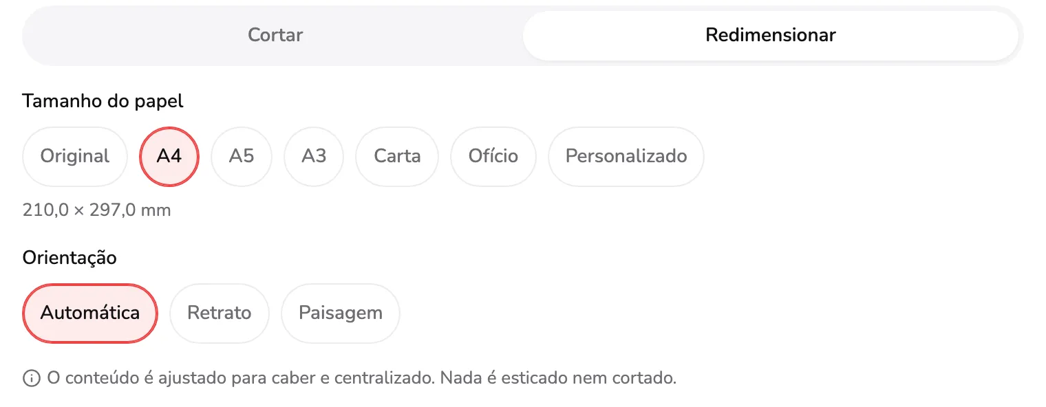 A aba Redimensionar com A4 escolhido em Tamanho do papel, marcador 1, e 210,0 × 297,0 mm logo abaixo, Automática escolhida em Orientação, marcador 2, e o aviso sobre o ajuste, marcador 3.