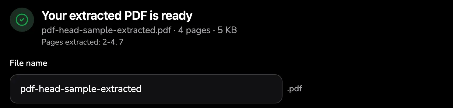 The result: the line pdf-head-sample-extracted.pdf · 4 pages · 5 KB marked 1, Pages extracted: 2-4, 7 marked 2, and the file name pdf-head-sample-extracted marked 3.