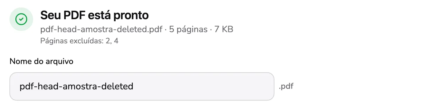 O resultado: a linha pdf-head-amostra-deleted.pdf · 5 páginas · 7 KB com o marcador 1, Páginas excluídas: 2, 4 com o marcador 2 e o nome do arquivo pdf-head-amostra-deleted com o marcador 3.
