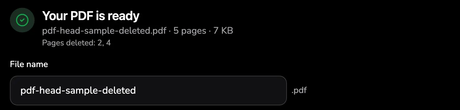 The result: the line pdf-head-sample-deleted.pdf · 5 pages · 7 KB marked 1, Pages deleted: 2, 4 marked 2, and the file name pdf-head-sample-deleted marked 3.