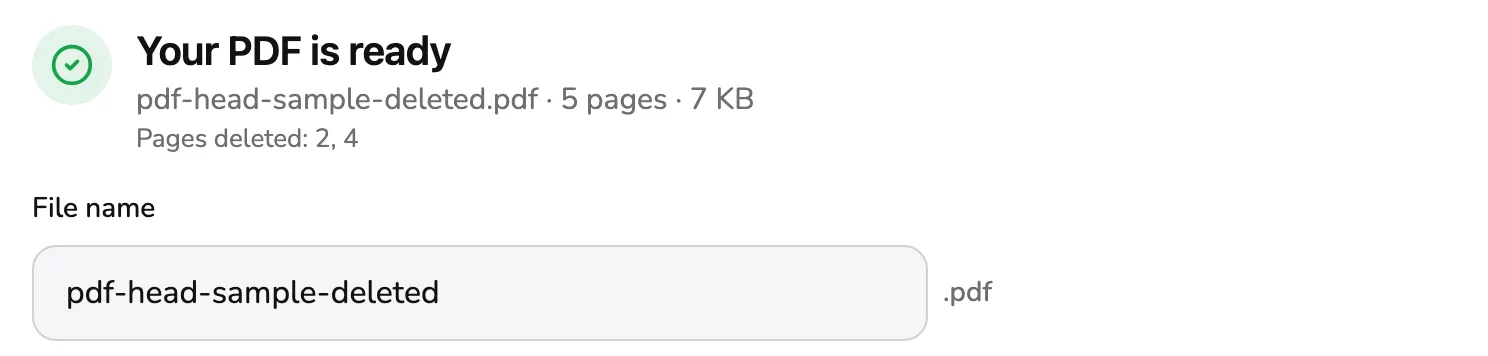 The result: the line pdf-head-sample-deleted.pdf · 5 pages · 7 KB marked 1, Pages deleted: 2, 4 marked 2, and the file name pdf-head-sample-deleted marked 3.