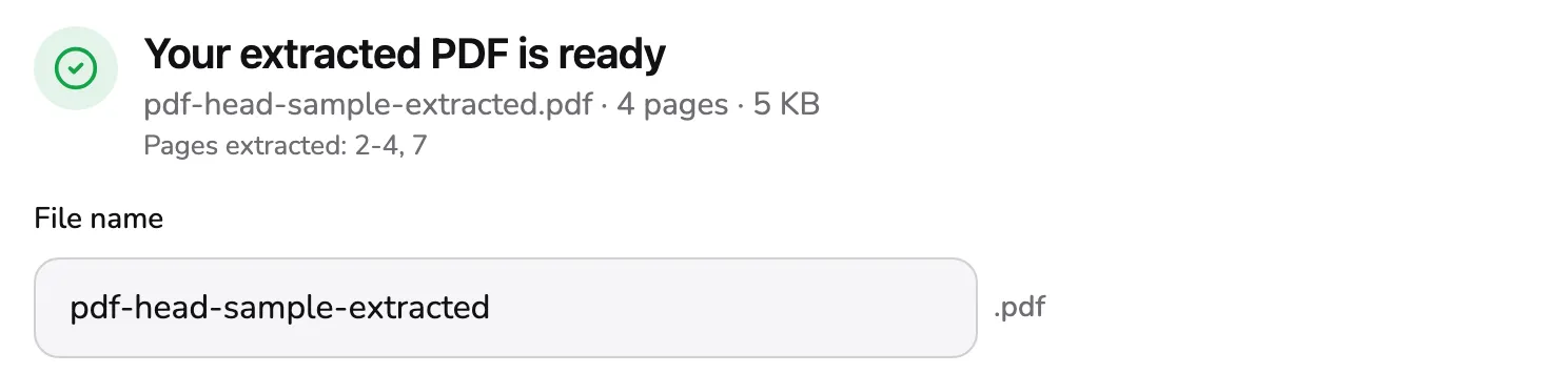 The result: the line pdf-head-sample-extracted.pdf · 4 pages · 5 KB marked 1, Pages extracted: 2-4, 7 marked 2, and the file name pdf-head-sample-extracted marked 3.