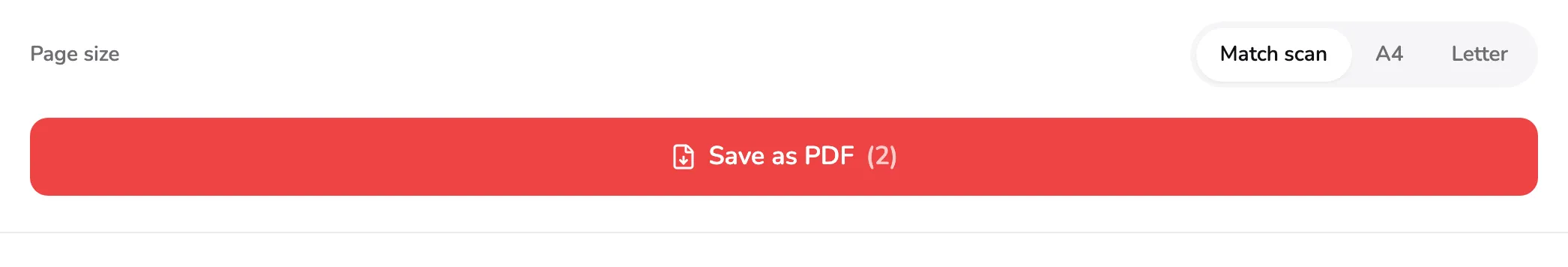 The page size row above the Save as PDF button. Marker 1 is on the page size choices and marker 2 is under the save button.