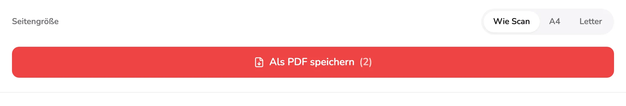 Die Zeile Seitengröße über der Schaltfläche Als PDF speichern. Markierung 1 liegt auf der Seitengröße, Markierung 2 unter der Schaltfläche.