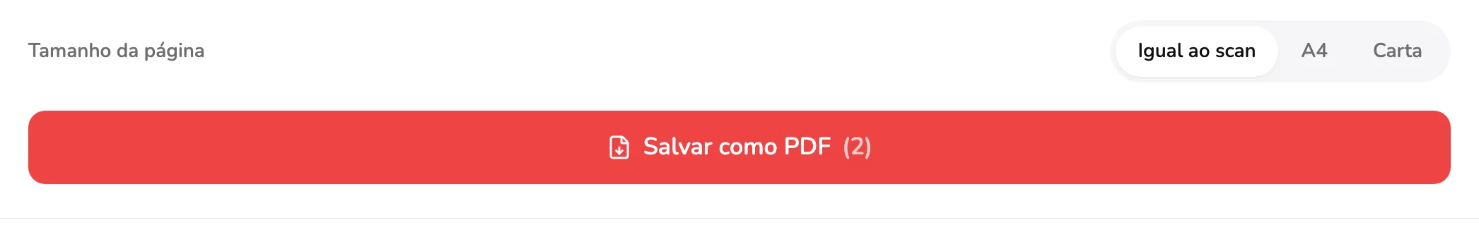 A linha Tamanho da página acima do botão Salvar como PDF. O marcador 1 fica nas opções de tamanho e o marcador 2 sob o botão.