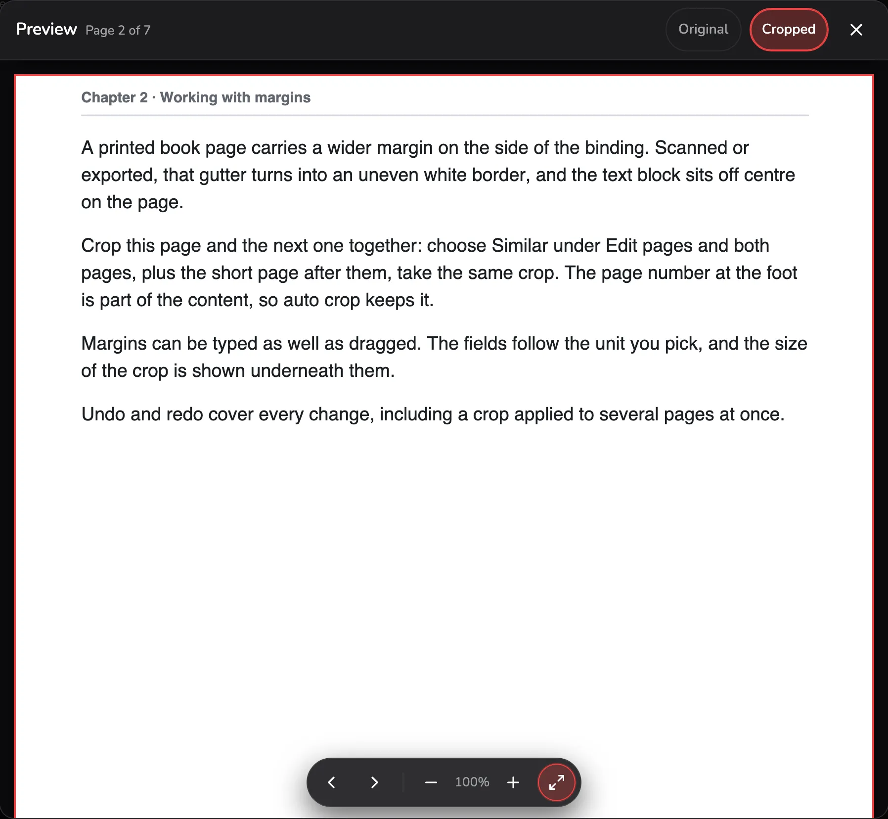 The full-screen preview on page 2 of 7, showing the cropped book page on A4 paper, with the Original and Cropped switch marked 1, Close marked 2, and the page and zoom controls marked 3.