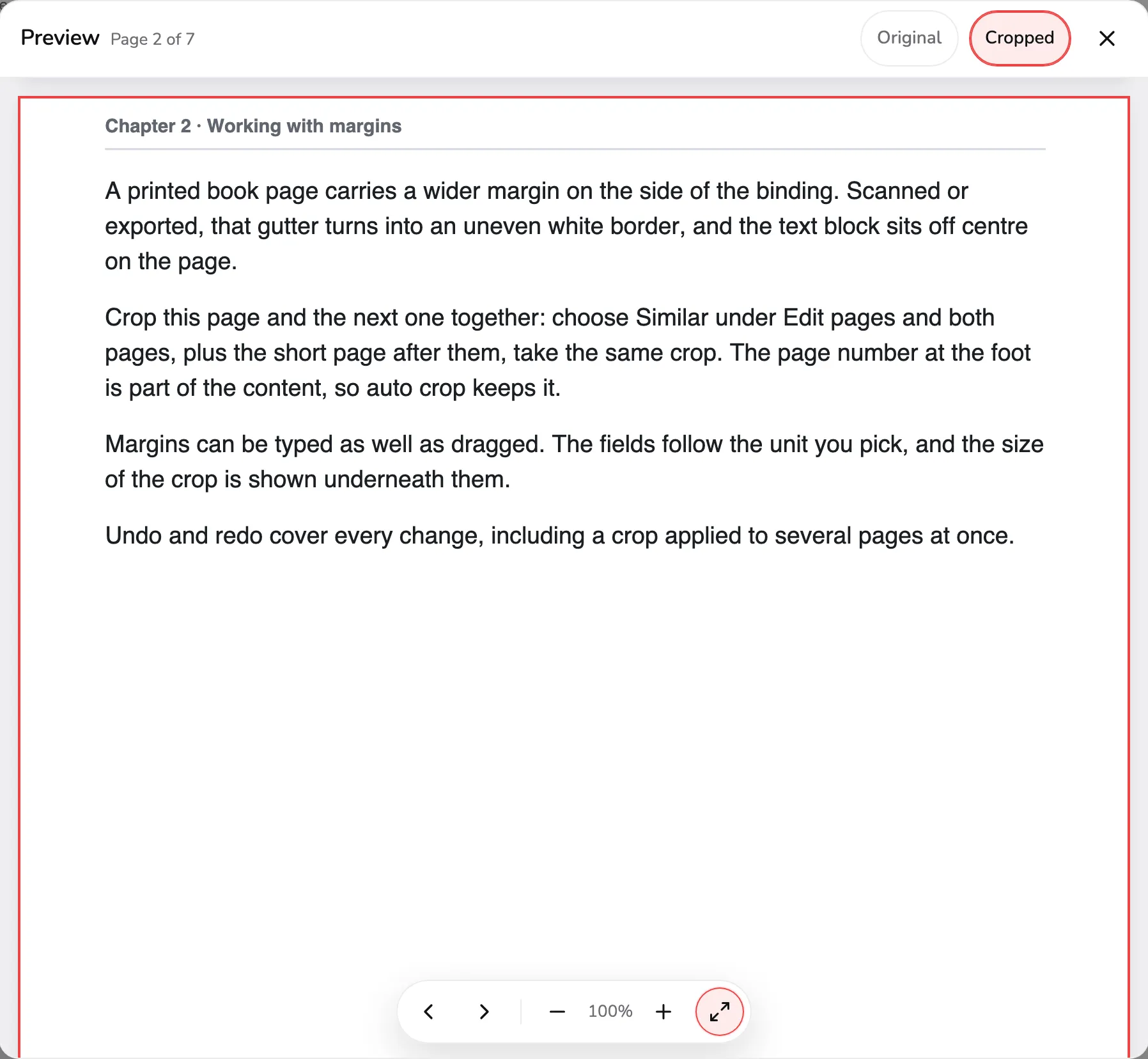 The full-screen preview on page 2 of 7, showing the cropped book page on A4 paper, with the Original and Cropped switch marked 1, Close marked 2, and the page and zoom controls marked 3.