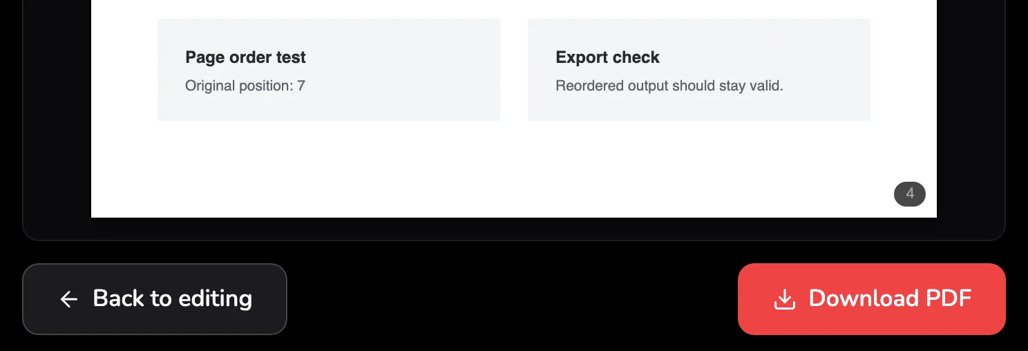 The foot of the result screen: the bottom of the new PDF's last page in the preview, numbered 4 in its corner, then Back to editing marked 4 and Download PDF marked 5.