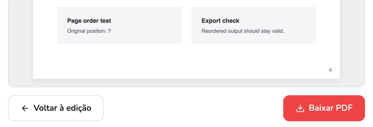 O pé da tela de resultado: o fim da última página do novo PDF na prévia, com o número 4 no canto, e depois Voltar à edição no marcador 4 e Baixar PDF no marcador 5.