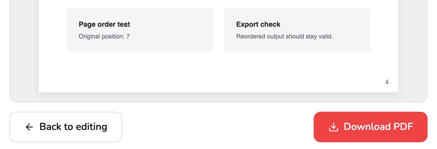 The foot of the result screen: the bottom of the new PDF's last page in the preview, numbered 4 in its corner, then Back to editing marked 4 and Download PDF marked 5.