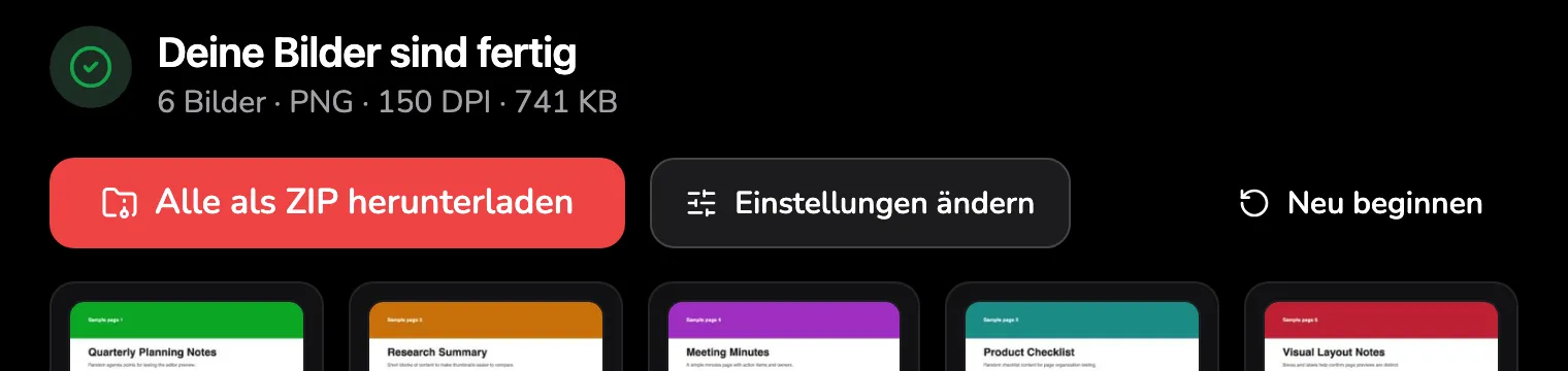 Das Ergebnis: die Überschrift Deine Bilder sind fertig mit Markierung 1 über der Zeile 6 Bilder · PNG · 150 DPI · 741 KB, dann Alle als ZIP herunterladen 2, Einstellungen ändern 3 und Neu beginnen 4.