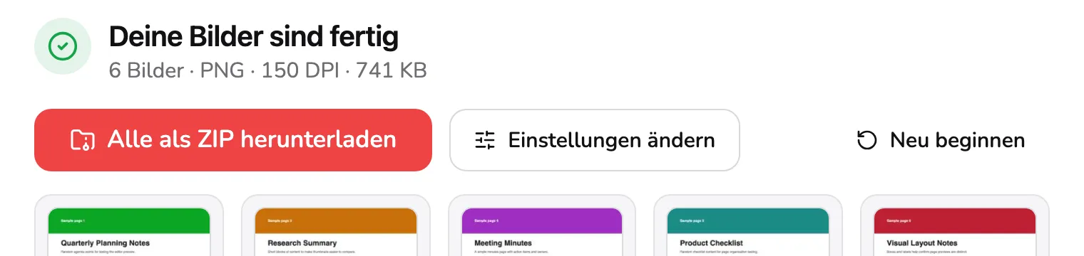 Das Ergebnis: die Überschrift Deine Bilder sind fertig mit Markierung 1 über der Zeile 6 Bilder · PNG · 150 DPI · 741 KB, dann Alle als ZIP herunterladen 2, Einstellungen ändern 3 und Neu beginnen 4.