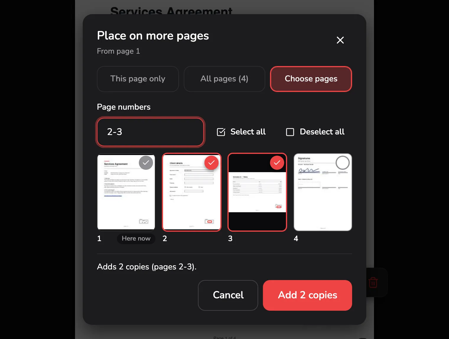 Place on more pages with Choose pages selected: the three choices marked 1, the page numbers field reading 2-3 marked 2, the four page tiles marked 3, the line Adds 2 copies (pages 2-3) marked 4 and Add 2 copies marked 5.