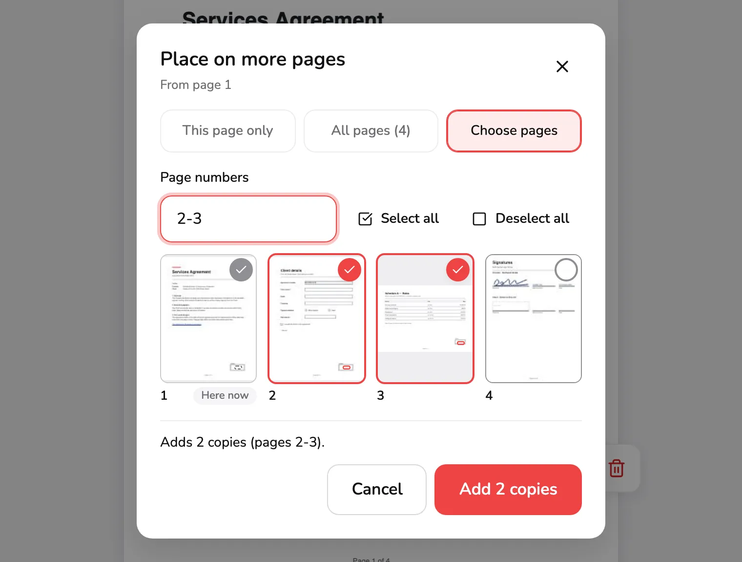 Place on more pages with Choose pages selected: the three choices marked 1, the page numbers field reading 2-3 marked 2, the four page tiles marked 3, the line Adds 2 copies (pages 2-3) marked 4 and Add 2 copies marked 5.