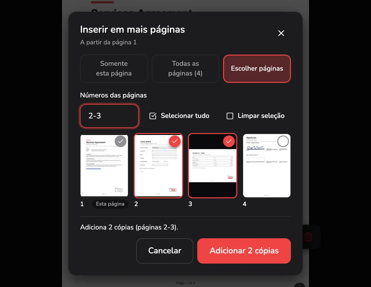 Inserir em mais páginas com Escolher páginas selecionado: as três opções no marcador 1, o campo Números das páginas com 2-3 no marcador 2, os quatro cartões de página no marcador 3, a linha Adiciona 2 cópias (páginas 2-3) no marcador 4 e Adicionar 2 cópias no marcador 5.