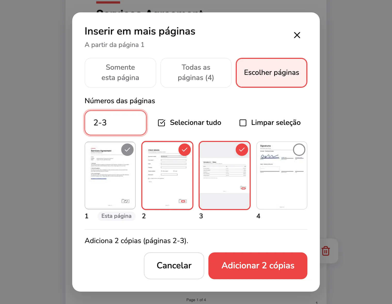 Inserir em mais páginas com Escolher páginas selecionado: as três opções no marcador 1, o campo Números das páginas com 2-3 no marcador 2, os quatro cartões de página no marcador 3, a linha Adiciona 2 cópias (páginas 2-3) no marcador 4 e Adicionar 2 cópias no marcador 5.