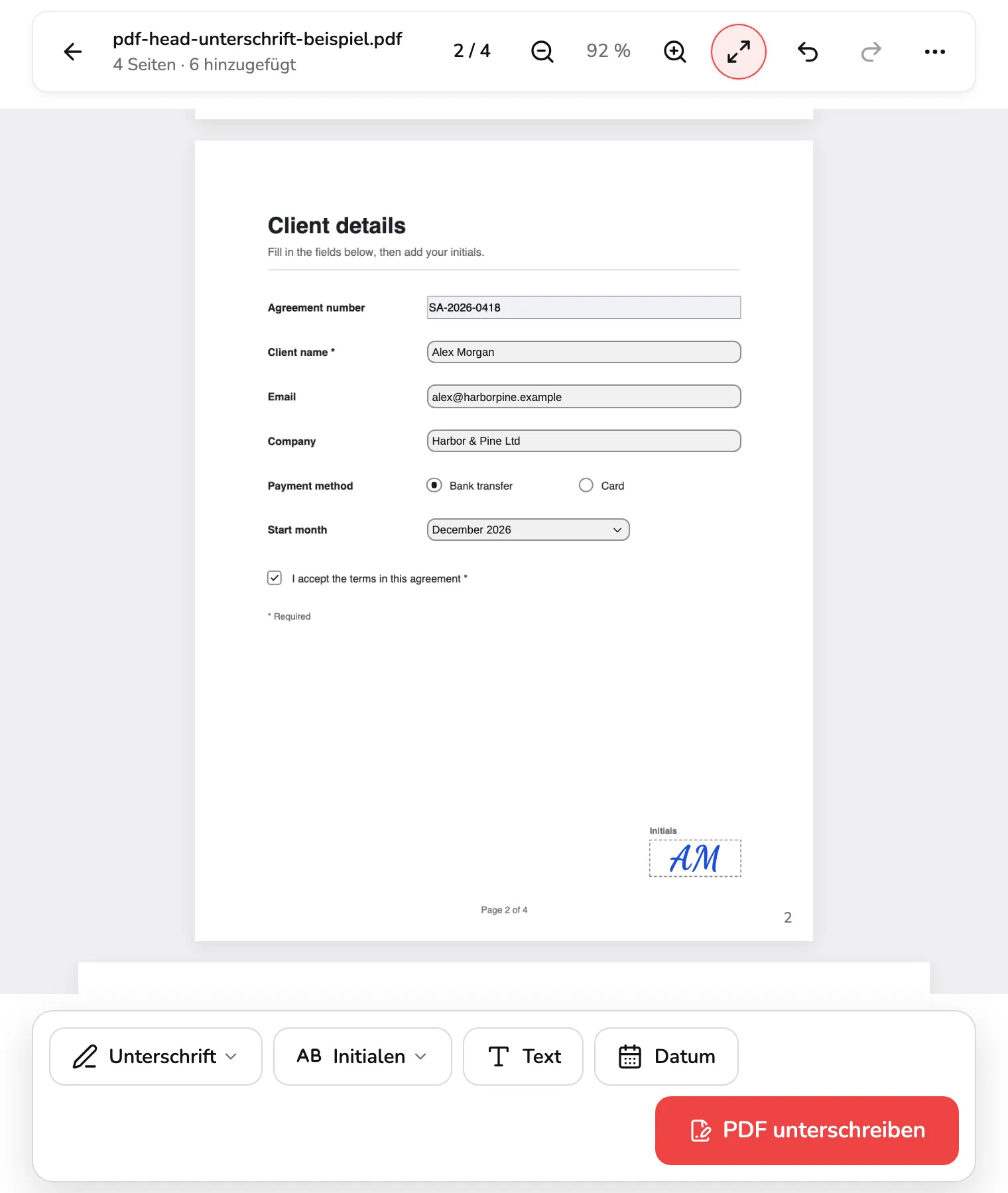 Seite 2, Client details, mit ausgefülltem Formular: ein getippter Name bei Markierung 1, eine gewählte Optionsschaltfläche bei Markierung 2, ein Dropdown mit December 2026 bei Markierung 3, ein angehaktes Kontrollkästchen bei Markierung 4 und die Initialen-Kopie im Initialenfeld bei Markierung 5.