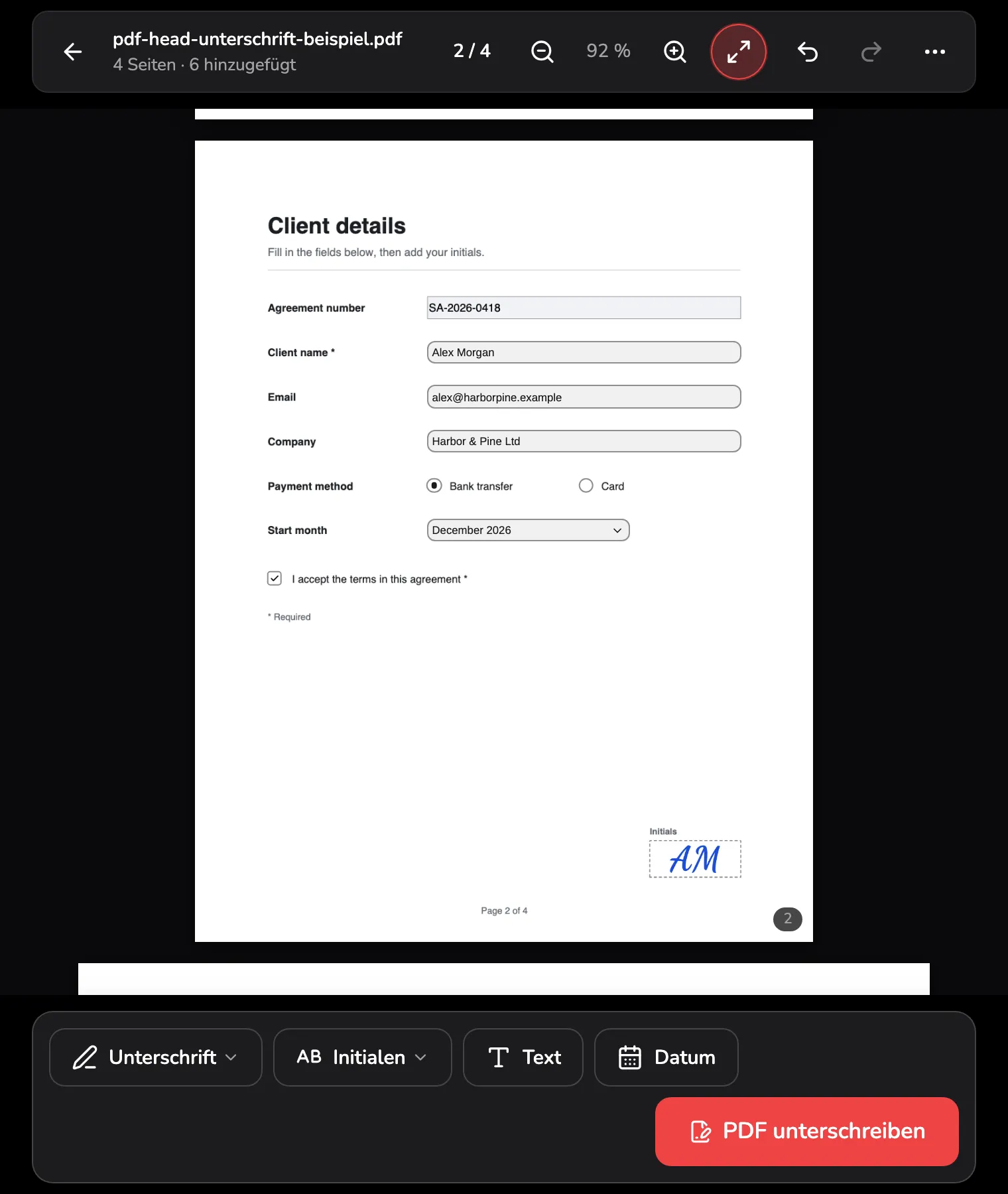 Seite 2, Client details, mit ausgefülltem Formular: ein getippter Name bei Markierung 1, eine gewählte Optionsschaltfläche bei Markierung 2, ein Dropdown mit December 2026 bei Markierung 3, ein angehaktes Kontrollkästchen bei Markierung 4 und die Initialen-Kopie im Initialenfeld bei Markierung 5.