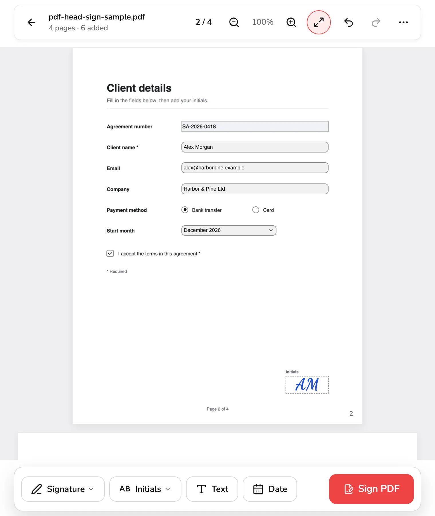 Page 2, Client details, with the form filled in: a typed name marked 1, a radio button chosen marked 2, a dropdown set to December 2026 marked 3, a ticked checkbox marked 4 and the initials copy in the Initials box marked 5.