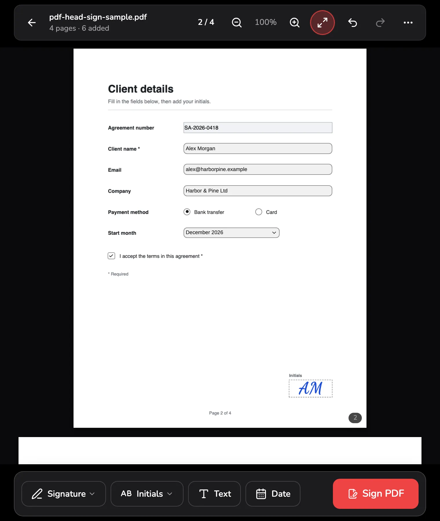 Page 2, Client details, with the form filled in: a typed name marked 1, a radio button chosen marked 2, a dropdown set to December 2026 marked 3, a ticked checkbox marked 4 and the initials copy in the Initials box marked 5.