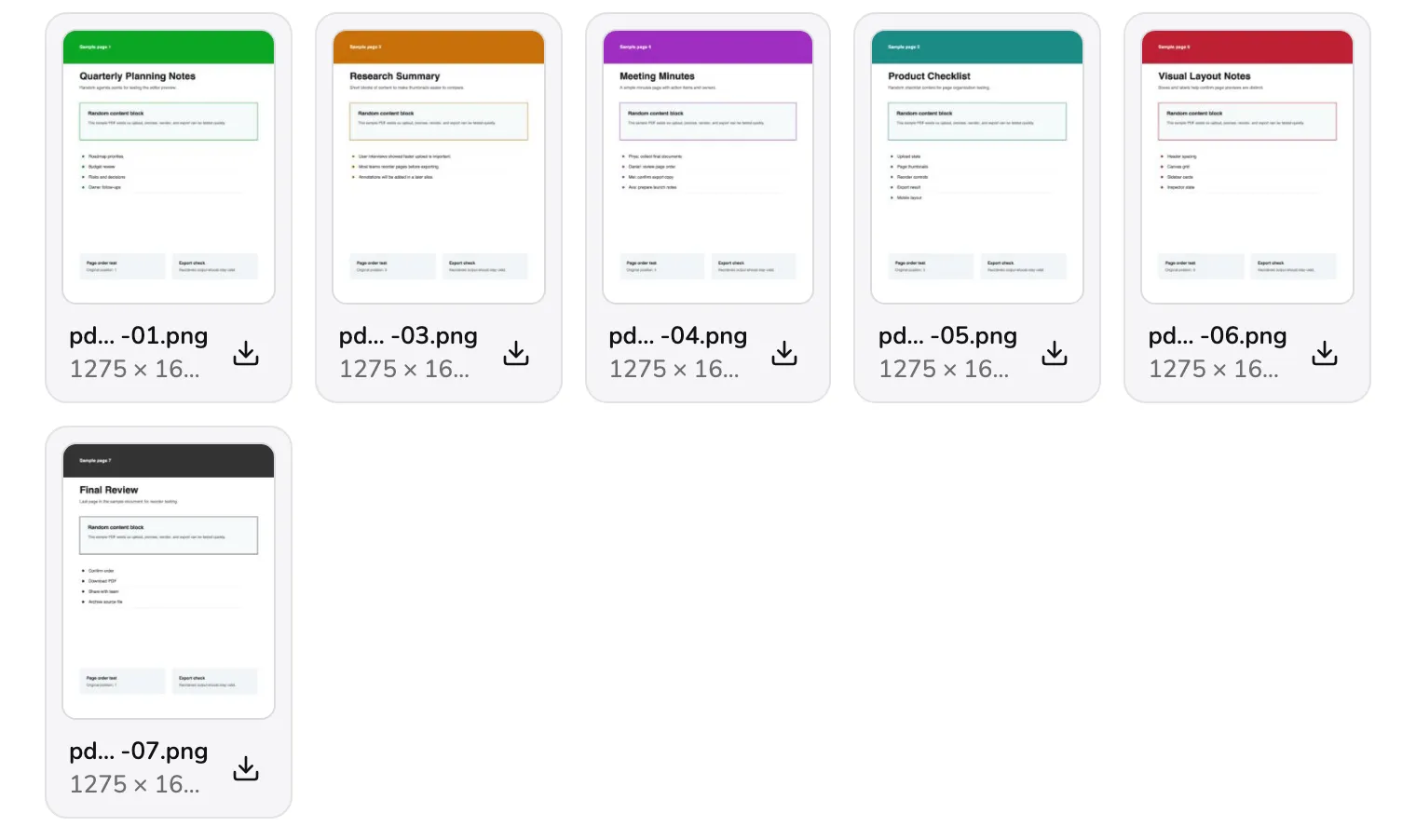 Sechs Bildkarten, eine pro Seite. Auf der ersten trägt der gekürzte Dateiname mit der Endung -01.png Markierung 5 und die eigene Download-Schaltfläche Markierung 6.