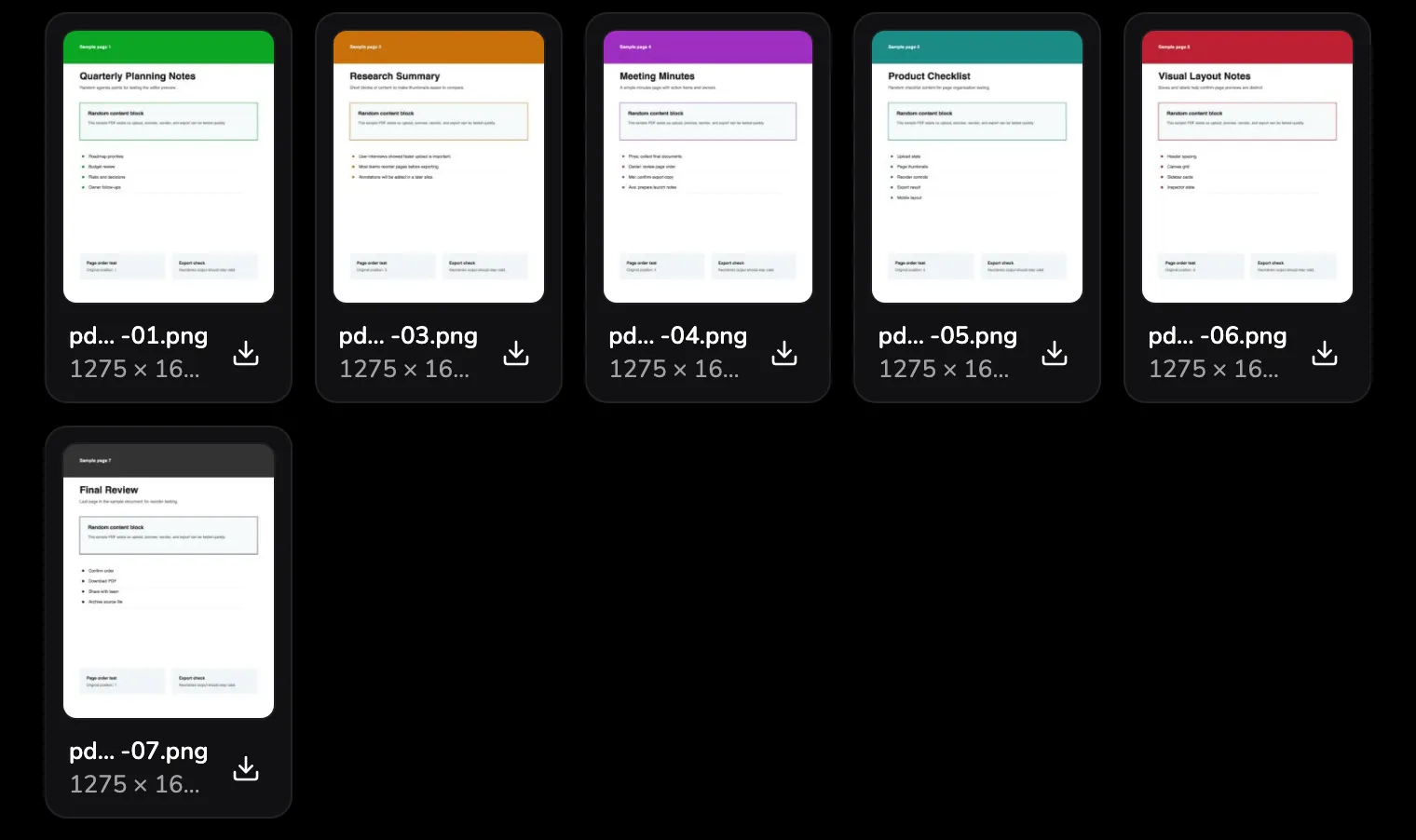 Sechs Bildkarten, eine pro Seite. Auf der ersten trägt der gekürzte Dateiname mit der Endung -01.png Markierung 5 und die eigene Download-Schaltfläche Markierung 6.