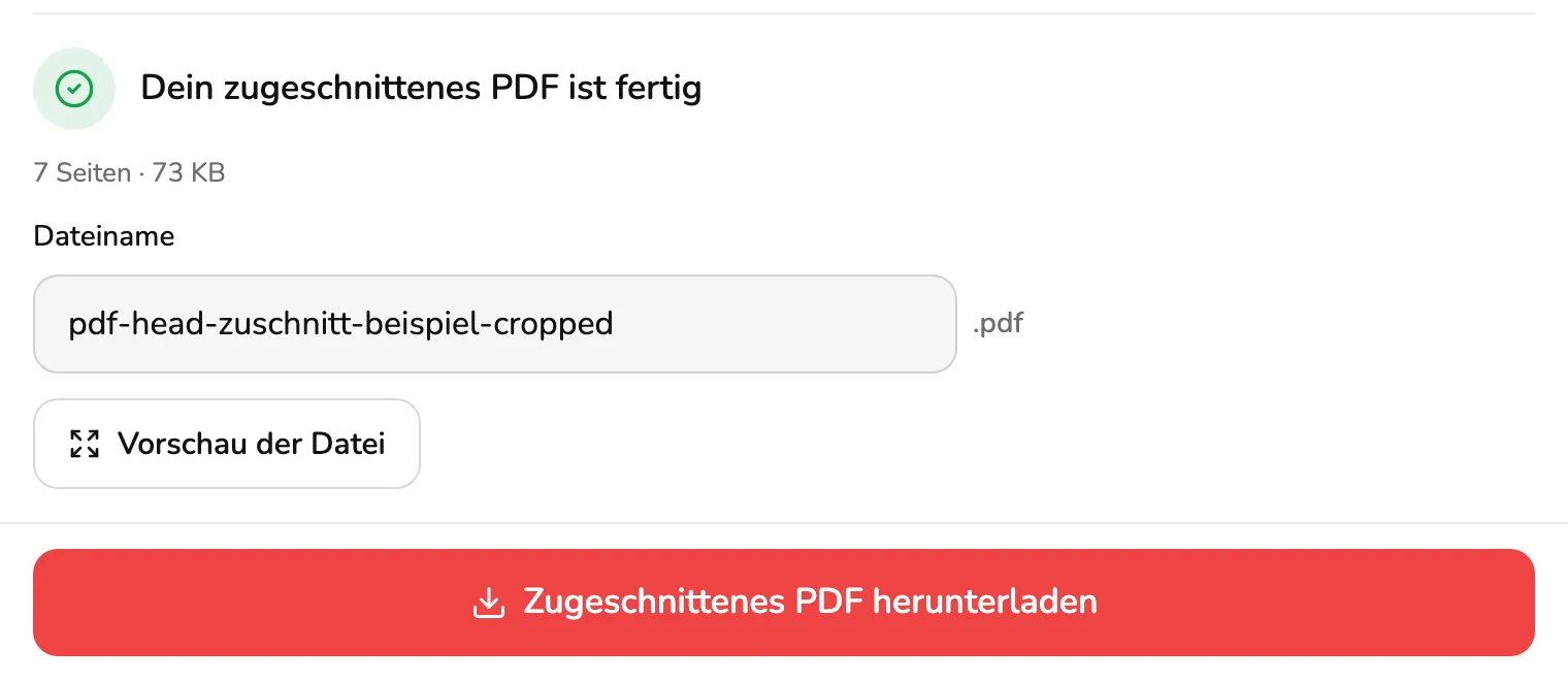 Das Ergebnis: Dein zugeschnittenes PDF ist fertig als Markierung 1, darunter 7 Seiten · 73 KB, der Dateiname pdf-head-zuschnitt-beispiel-cropped als 2 und Zugeschnittenes PDF herunterladen als 3.