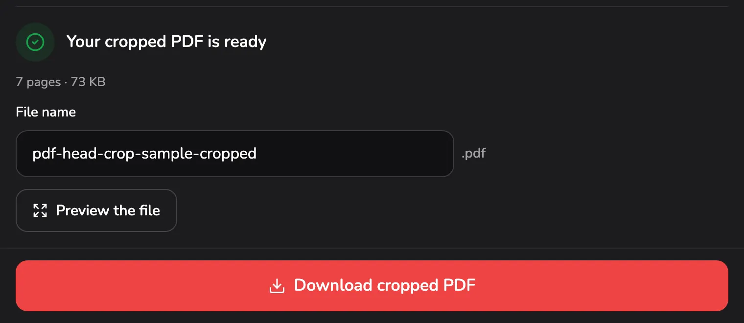 The result: Your cropped PDF is ready marked 1, with 7 pages · 73 KB under it, the file name pdf-head-crop-sample-cropped marked 2, and Download cropped PDF marked 3.