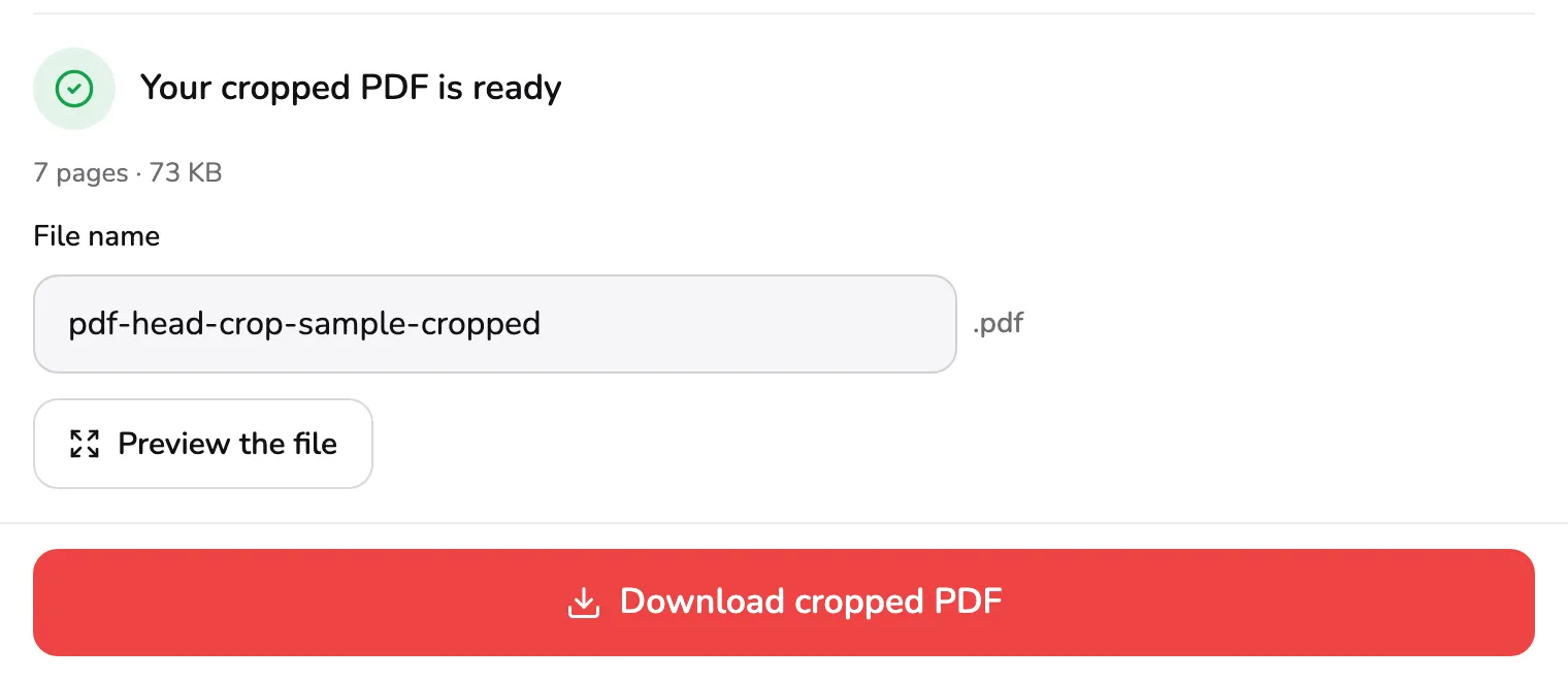 The result: Your cropped PDF is ready marked 1, with 7 pages · 73 KB under it, the file name pdf-head-crop-sample-cropped marked 2, and Download cropped PDF marked 3.