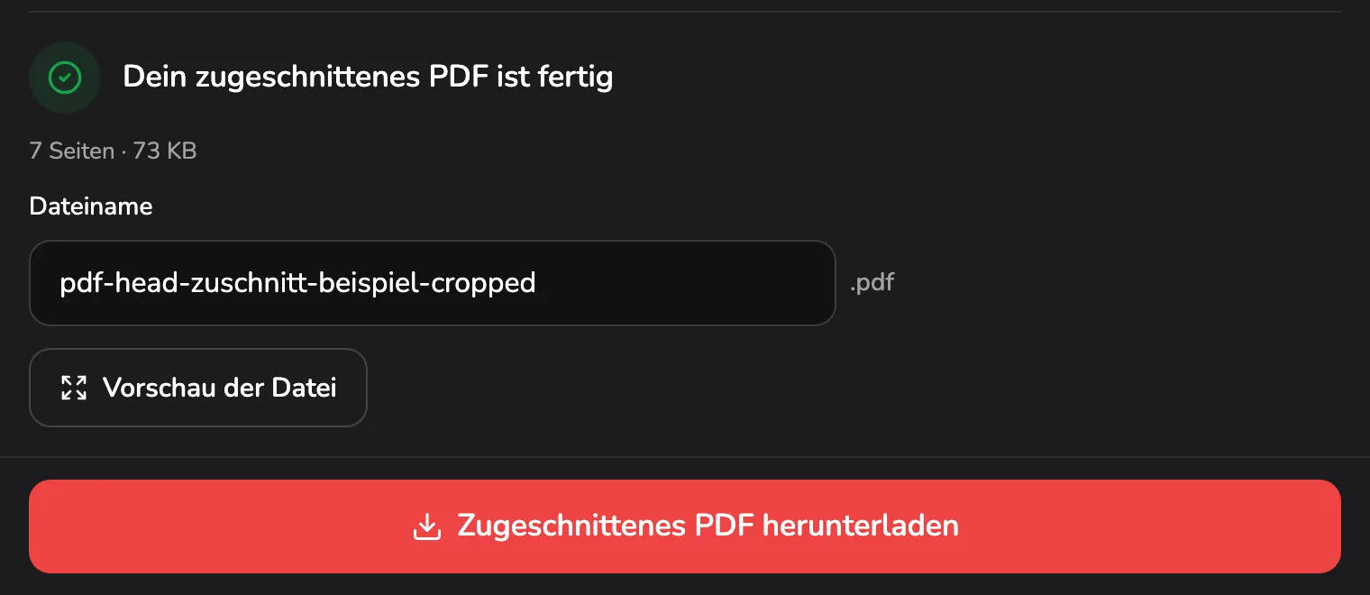 Das Ergebnis: Dein zugeschnittenes PDF ist fertig als Markierung 1, darunter 7 Seiten · 73 KB, der Dateiname pdf-head-zuschnitt-beispiel-cropped als 2 und Zugeschnittenes PDF herunterladen als 3.