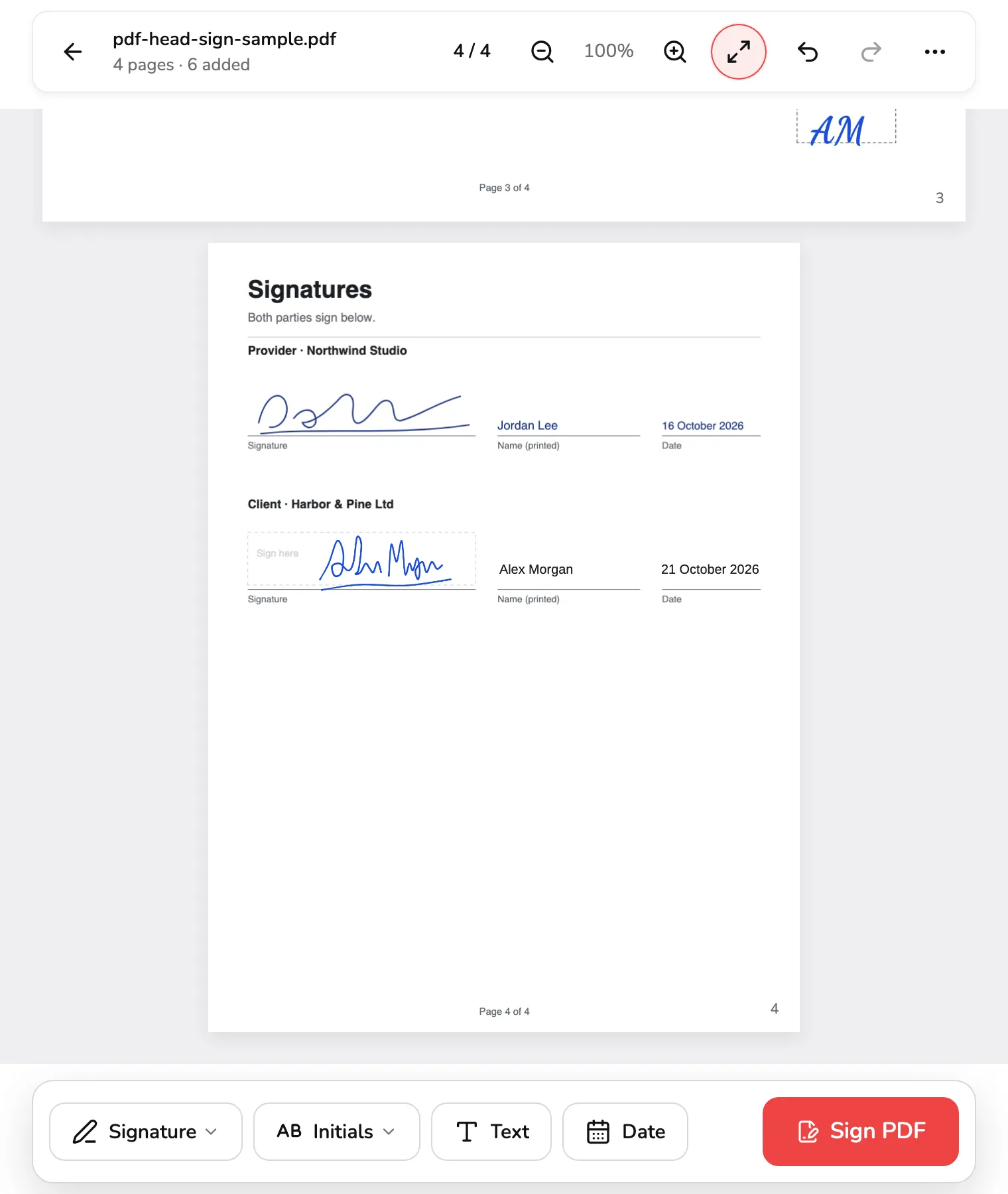 The finished signature page, ready to save: the page and item count marked 1, the page number that opens Go to a page marked 2, and Sign PDF marked 3 at the end of the bar at the bottom.