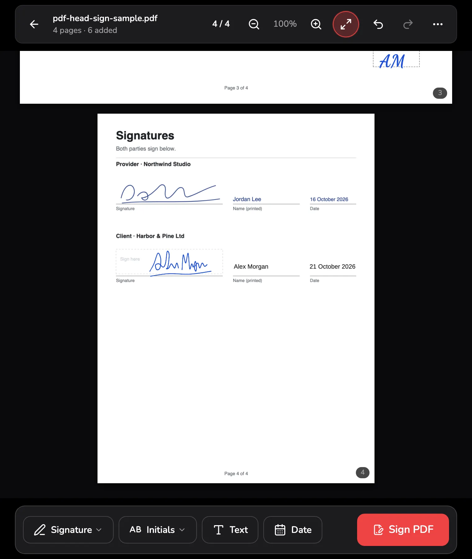 The finished signature page, ready to save: the page and item count marked 1, the page number that opens Go to a page marked 2, and Sign PDF marked 3 at the end of the bar at the bottom.