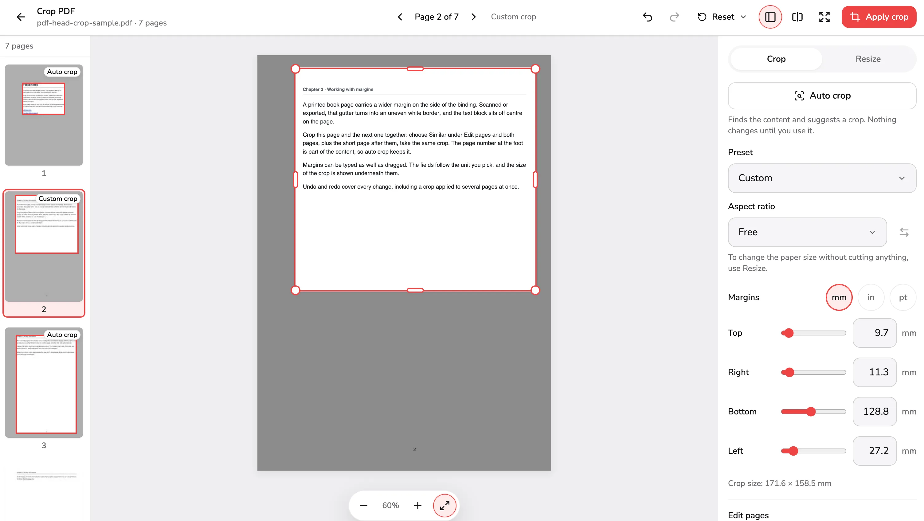 PDF Head's crop editor with a book page of the seven-page sample cropped around its text, a handle on every corner and edge, and margins in mm, ready to apply the crop.
