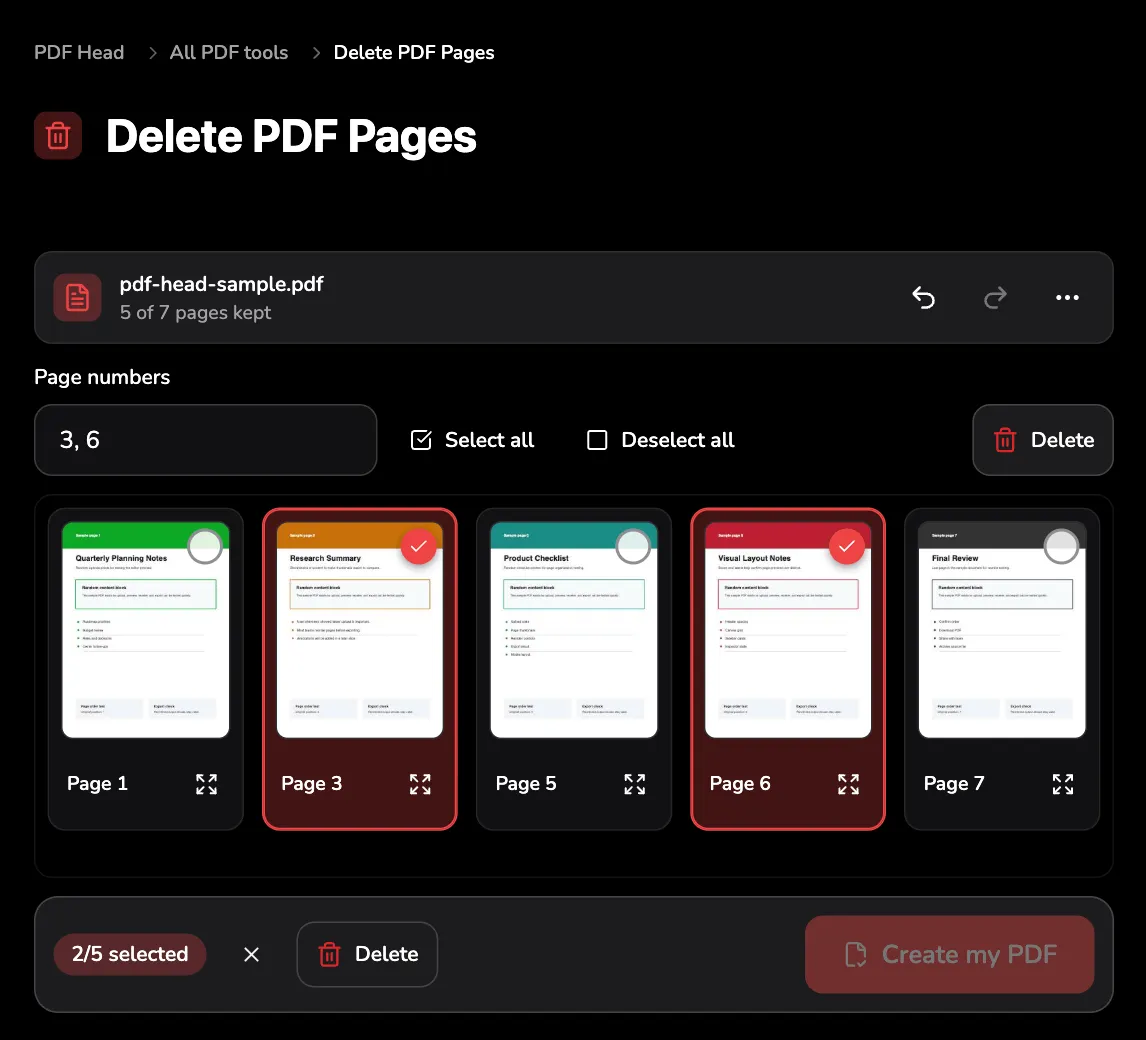 Das Löschwerkzeug von PDF Head mit dem siebenseitigen Beispiel, auf fünf Seiten geschrumpft, Seite 3 und 6 im Raster ausgewählt und als 3, 6 getippt und Löschen bereit.