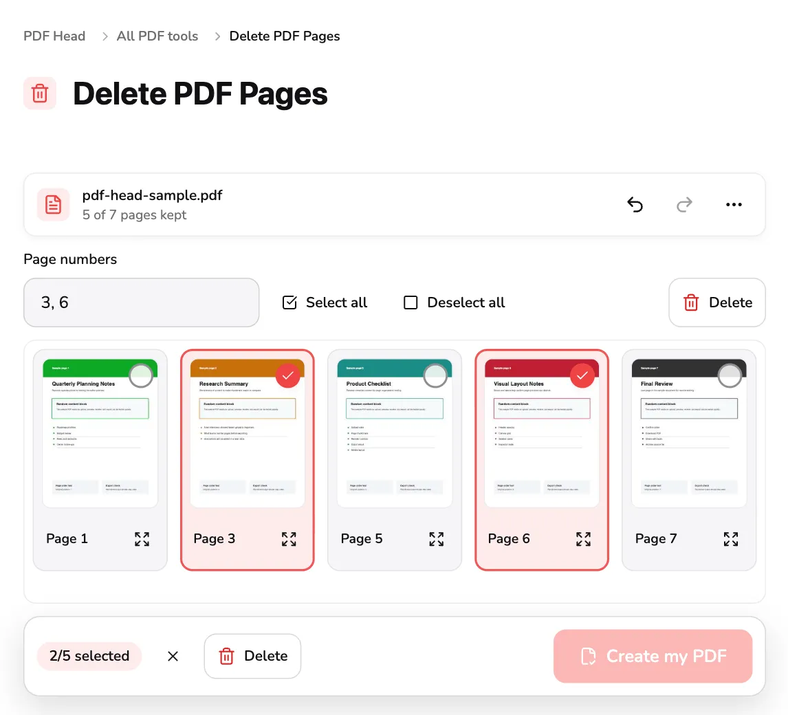 Das Löschwerkzeug von PDF Head mit dem siebenseitigen Beispiel, auf fünf Seiten geschrumpft, Seite 3 und 6 im Raster ausgewählt und als 3, 6 getippt und Löschen bereit.