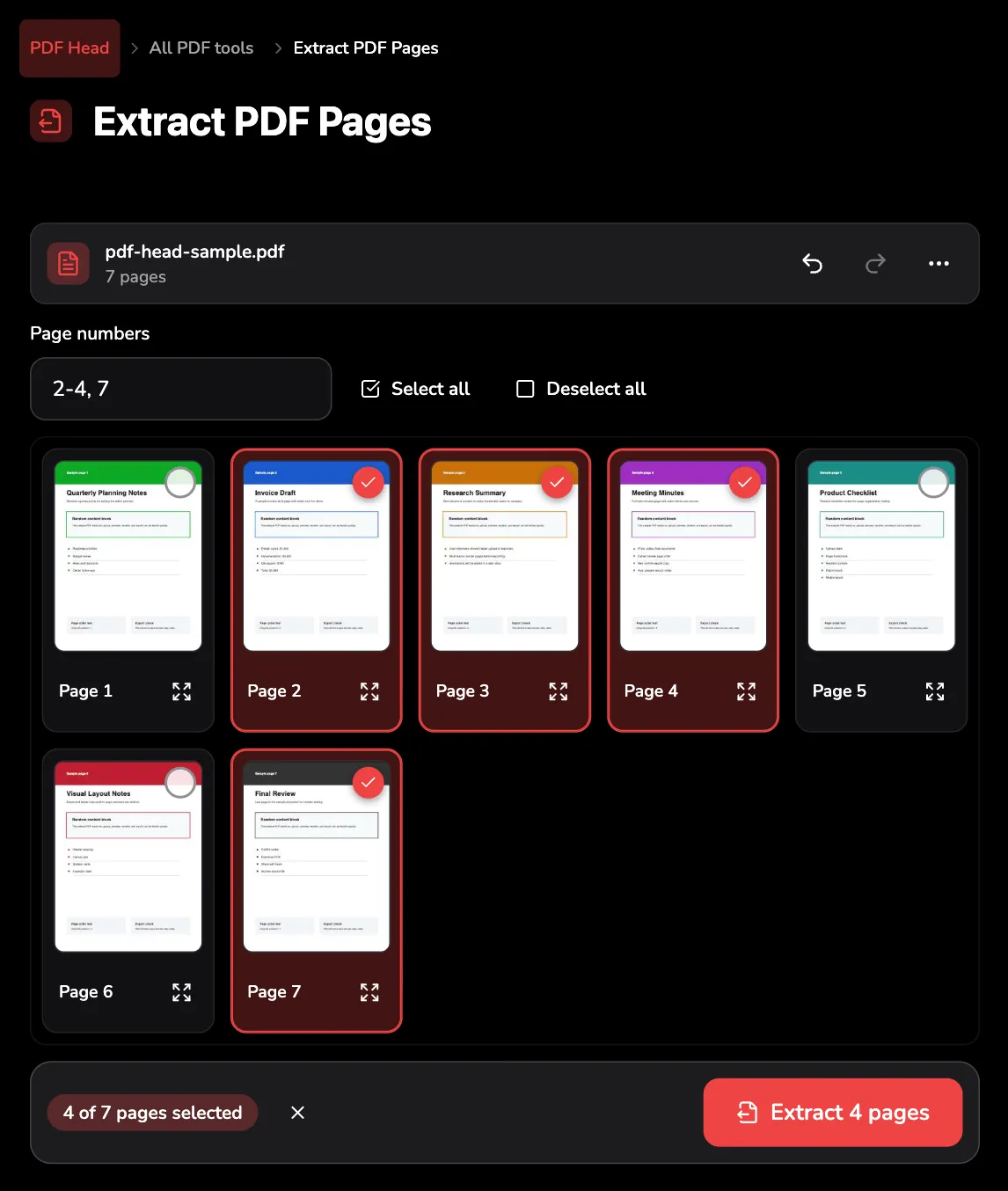 Das Extrahierwerkzeug von PDF Head mit dem siebenseitigen Beispiel: Seite 2 bis 4 und 7 im Raster ausgewählt, als 2-4, 7 getippt und bereit für ein neues PDF.
