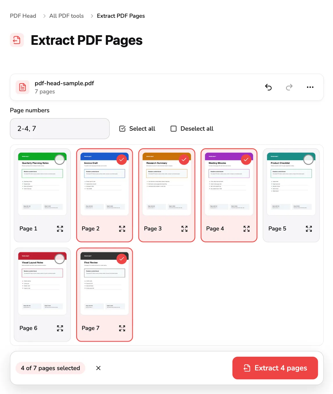 Das Extrahierwerkzeug von PDF Head mit dem siebenseitigen Beispiel: Seite 2 bis 4 und 7 im Raster ausgewählt, als 2-4, 7 getippt und bereit für ein neues PDF.