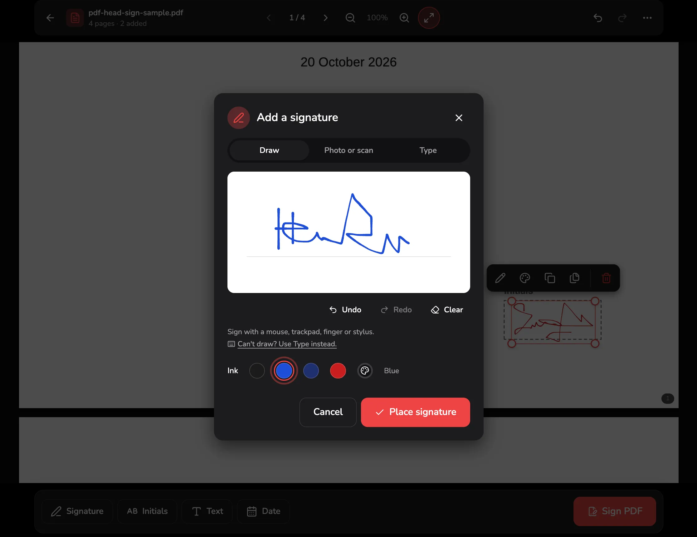 The Add a signature dialog on Draw: a blue signature, four ink colours and Place signature, over an agreement waiting to be signed and saved as a signed copy.